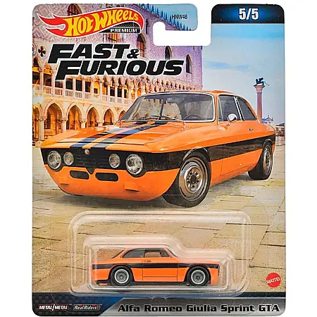 Masini de strada - Masinuta metalica Hot Wheels Premium, Alfa Romeo Giulia Sprint GTA, HKD29, Fast and Furious 5/5, 1:64, portocalie