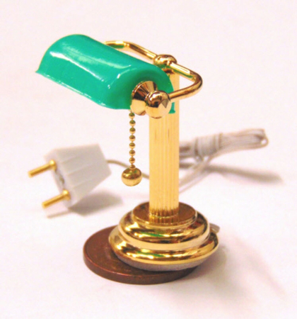 Corpuri de iluminat si aceesorii electrice - Lampa de birou verde/auriu 12V – miniatura scara 1/12, inaltime 4 cm – pentru casute papusi