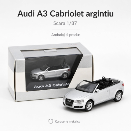 MACHETE AUTO SCARA 1:87 - Macheta Audi A3 Cabriolet argintiu, cu vitrina plexiglas, scara 1:87, Audi Collection Dealer Models