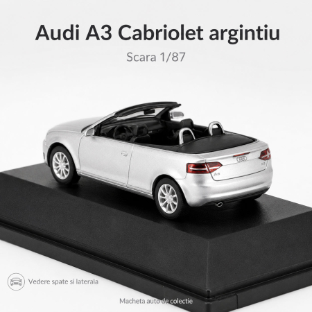 Macheta Audi A3 Cabriolet argintiu, cu vitrina plexiglas, scara 1:87, Audi Collection Dealer Models [4]