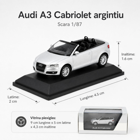 Macheta Audi A3 Cabriolet argintiu, cu vitrina plexiglas, scara 1:87, Audi Collection Dealer Models [2]