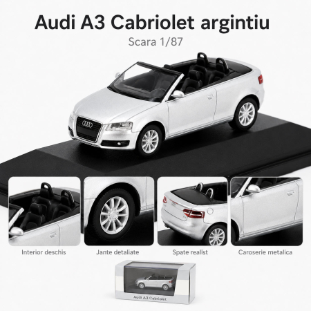 Macheta Audi A3 Cabriolet argintiu, cu vitrina plexiglas, scara 1:87, Audi Collection Dealer Models [3]
