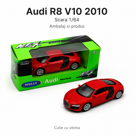 MACHETE AUTO SCARA 1:64 - Macheta Audi R8 V10 2010 rosie, scara 1:64, Welly