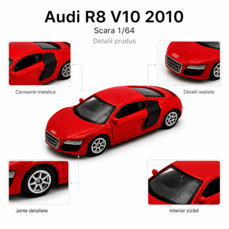 Macheta Audi R8 V10 2010 rosie, scara 1:64, Welly [3]