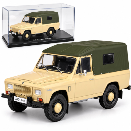 MACHETE AUTO SCARA 1:24 - Macheta Auto ARO 240 1978 Crem, Scara 1:24, cu Postament Inscriptionat si Vitrina Plexiglas Premium