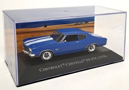 Macheta auto Chevrolet Chevelle SS 454 Coupe 1970, albastru cu dungi albe, scara 1:43, cu vitrina [4]