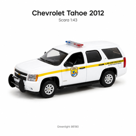 MACHETE AUTO SCARA 1:43 - Macheta auto Chevrolet Tahoe 2012 U.S. Fish & Wildlife Service Law Enforcement, alb cu galben, cu vitrina plexiglas, scara 1:43, Greenlight 86190