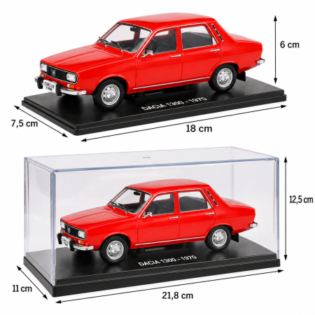 Macheta Auto Dacia 1300 1970 Rosie, Scara 1:24, Metalica, Postament Inscriptionat si Vitrina Plexiglas Premium [1]