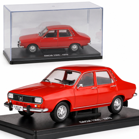 MACHETE AUTO SCARA 1:24 - Macheta Auto Dacia 1300 1970 Rosie, Scara 1:24, Metalica, Postament Inscriptionat si Vitrina Plexiglas Premium