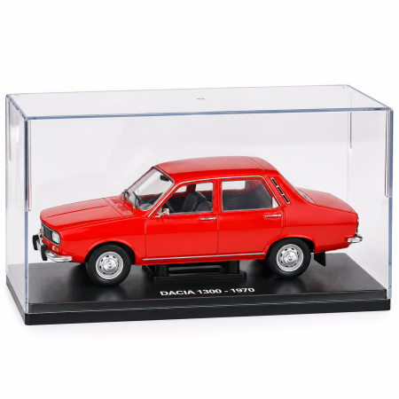 Macheta Auto Dacia 1300 1970 Rosie, Scara 1:24, Metalica, Postament Inscriptionat si Vitrina Plexiglas Premium [6]