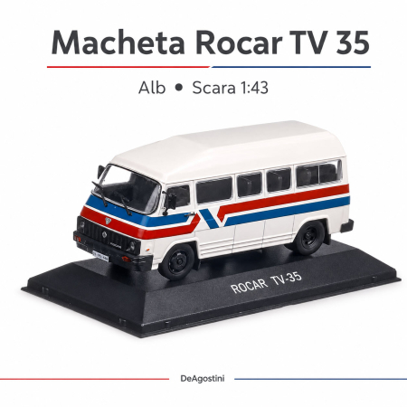 Machete Auto Romanesti 1:43 - Macheta auto de colectie Rocar TV 35, alb cu dungi rosii si albastre, scara 1:43, DeAgostini
