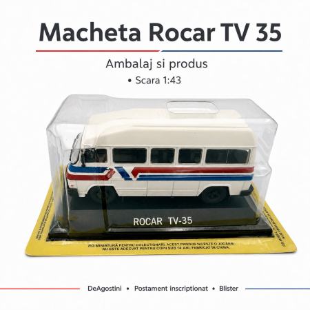 Macheta auto de colectie Rocar TV 35, alb cu dungi rosii si albastre, scara 1:43, DeAgostini [1]