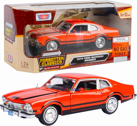 MACHETE AUTO - Macheta Auto Ford Maverick Grabber 1974 – Portocaliu cu Dungi Negre, Scara 1:24 Motormax