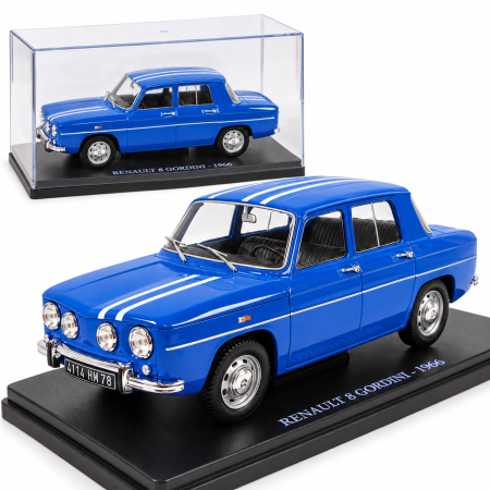 MACHETE AUTO SCARA 1:24 - Macheta Auto Renault 8 Gordini 1966 Albastra, Scara 1:24, Metalica, Postament Inscriptionat si Vitrina Plexiglas Premium