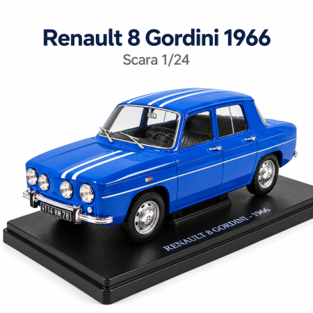 Macheta Auto Renault 8 Gordini 1966 Albastra, Scara 1:24, Metalica, Postament Inscriptionat si Vitrina Plexiglas Premium [1]