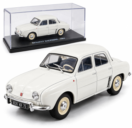 MACHETE AUTO SCARA 1:24 - Macheta Auto Renault Dauphine 1961 Alba, Scara 1:24, cu Postament Inscriptionat si Vitrina Plexiglas Premium