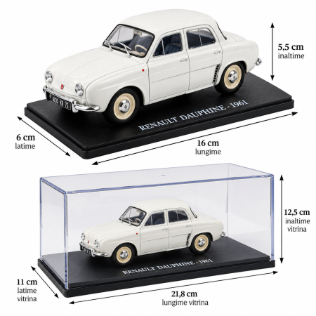 Macheta Auto Renault Dauphine 1961 Alba, Scara 1:24, cu Postament Inscriptionat si Vitrina Plexiglas Premium [2]