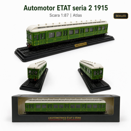 MACHETE AUTOBUZE SI TRAMVAIE - Macheta Automotor ETAT seria 2 1915, scara 1:87, Atlas, verde, in vitrina plexiglas