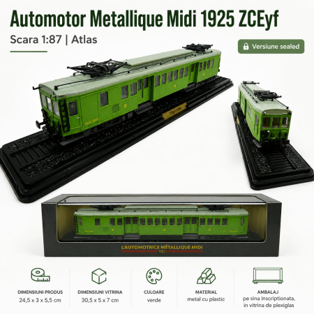 MACHETE AUTOBUZE SI TRAMVAIE - Macheta automotor Metallique Midi 1925 ZCEyf, scara 1:87, Atlas, verde, in vitrina plexiglas