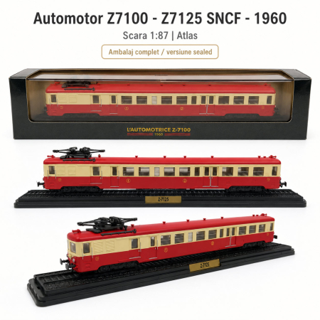 MACHETE AUTOBUZE SI TRAMVAIE - Macheta automotor Z7100 Z7125 SNCF 1960, scara 1:87, Atlas, rosu cu crem, in vitrina plexiglas