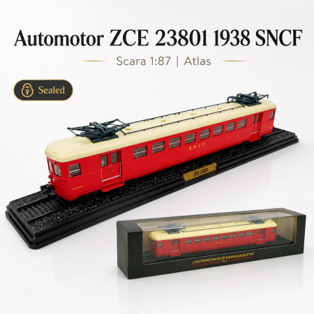 MACHETE AUTOBUZE SI TRAMVAIE - Macheta Automotor ZCE 23801 1938 SNCF, scara 1:87, Atlas, rosu, in vitrina plexiglas