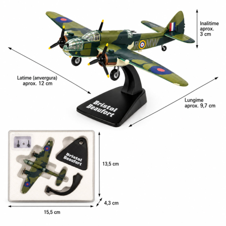Macheta Avion Bristol Beaufort Type 152 RAF UK 1939, Scara 1:144, Metalica, cu Suport, Atlas [2]