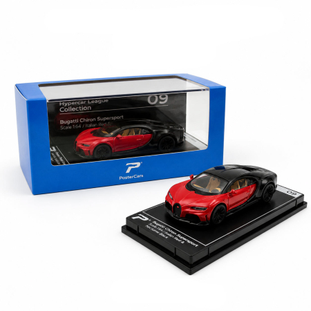MACHETE AUTO SCARA 1:64 - Macheta Bugatti Chiron Supersport rosu cu negru, scara 1:64, Kinsmart, vitrina plexiglas