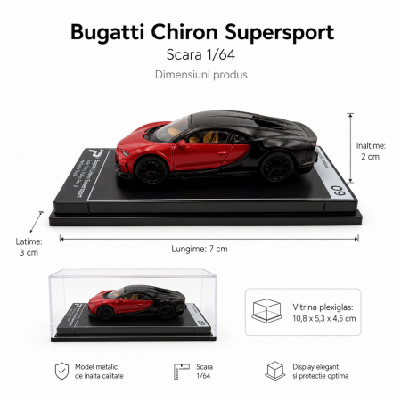 Macheta Bugatti Chiron Supersport rosu cu negru, scara 1:64, Kinsmart, vitrina plexiglas [2]