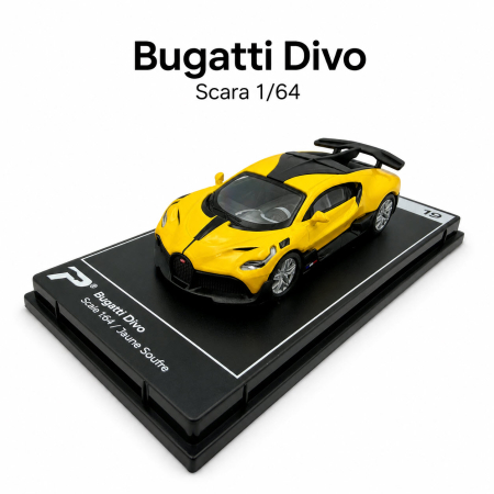 Macheta Bugatti Divo galben cu negru 1:64 Kinsmart, vitrina plexiglas, Hypercar League Collection [1]
