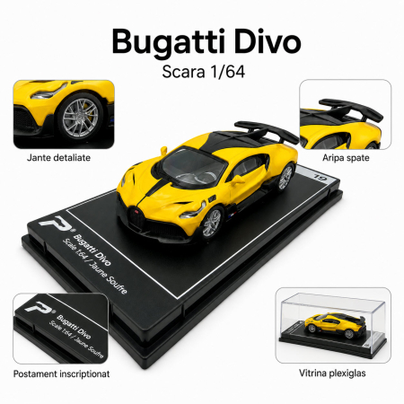 Macheta Bugatti Divo galben cu negru 1:64 Kinsmart, vitrina plexiglas, Hypercar League Collection [2]