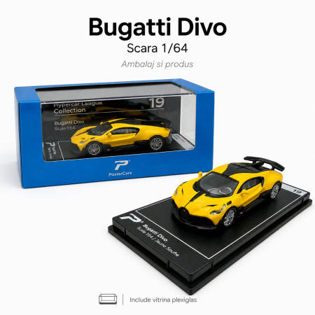 MACHETE AUTO SCARA 1:64 - Macheta Bugatti Divo galben cu negru 1:64 Kinsmart, vitrina plexiglas, Hypercar League Collection