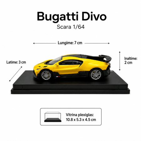 Macheta Bugatti Divo galben cu negru 1:64 Kinsmart, vitrina plexiglas, Hypercar League Collection [3]