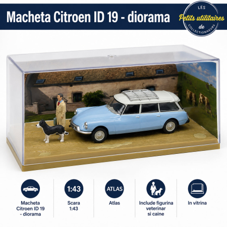 MACHETE - Macheta Citroen ID 19 Diorama, scara 1:43, Atlas, bleu cu alb, cu figurina veterinar si caine