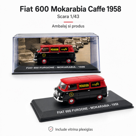 MACHETE AUTO SCARA 1:43 - Macheta Fiat 600 Furgone Mokarabia Caffe 1958, rosu cu negru, cu vitrina plexiglas, scara 1:43