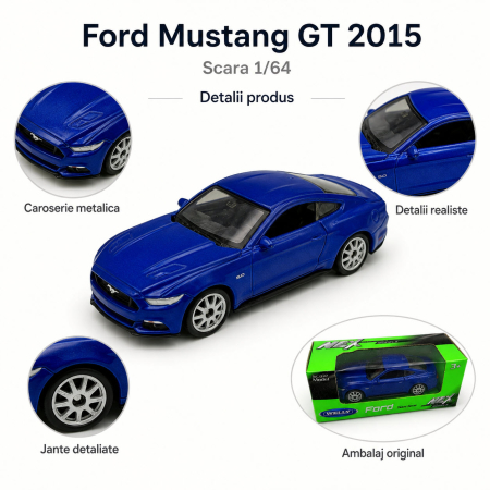 Macheta Ford Mustang GT 2015 albastru metalizat, scara 1:64, Welly [3]