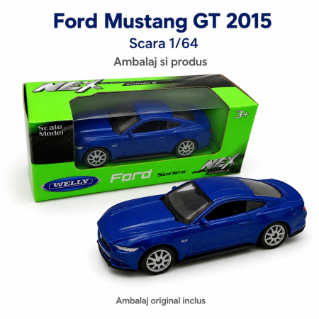 MACHETE AUTO SCARA 1:64 - Macheta Ford Mustang GT 2015 albastru metalizat, scara 1:64, Welly