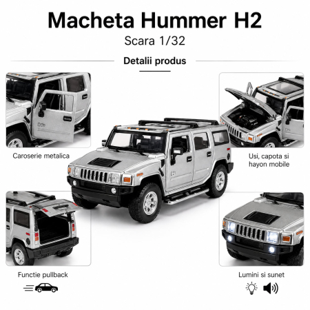 Macheta Hummer H2 argintie, cu lumini, sunet si pullback, scara 1:32 [4]