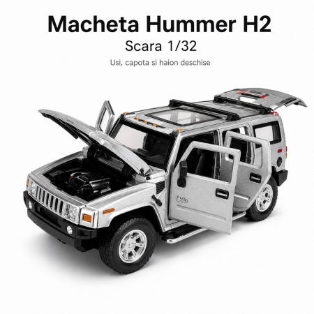 Machete Auto Scara 1:32 – 1:36 – Miniaturi Detaliate pentru Colectie - Macheta Hummer H2 argintie, cu lumini, sunet si pullback, scara 1:32