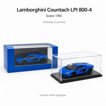 MACHETE AUTO SCARA 1:64 - Macheta Lamborghini Countach LPI 800-4 Albastru 1:64 Kinsmart Hypercar League Collection cu vitrina plexiglas