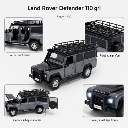Macheta Land Rover Defender 110 gri Stornoway, cu lumini, sunet si pullback, scara 1:32, Tayumo [1]