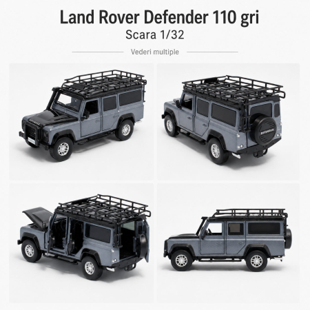 Machete Auto Scara 1:32 – 1:36 – Miniaturi Detaliate pentru Colectie - Macheta Land Rover Defender 110 gri Stornoway, cu lumini, sunet si pullback, scara 1:32, Tayumo