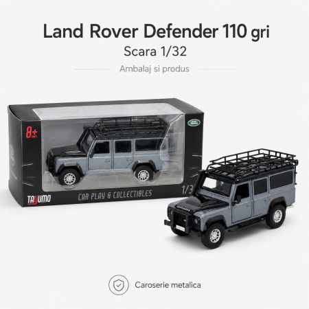 Macheta Land Rover Defender 110 gri Stornoway, cu lumini, sunet si pullback, scara 1:32, Tayumo [3]