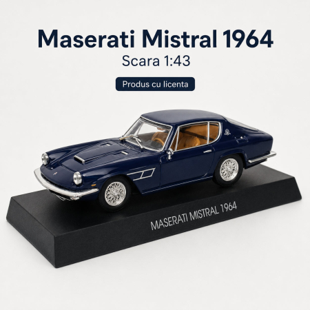 MACHETE - Macheta Maserati Mistral 1964 bleumarin, scara 1:43, Atlas, cu postament