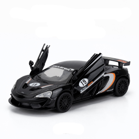 Machete Auto Scara 1:32 – 1:36 – Miniaturi Detaliate pentru Colectie - Macheta McLaren 570S GT4 N 19 Racing 2016, negru, cu lumini, sunet si pullback, scara 1:32