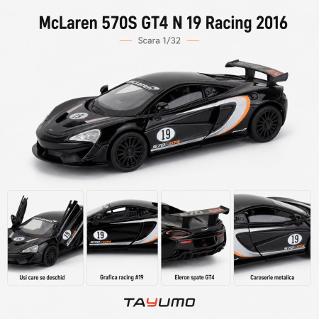 Machete Auto Scara 1:32 – 1:36 – Miniaturi Detaliate pentru Colectie - Macheta McLaren 570S GT4 N 19 Racing 2016, negru, cu lumini, sunet si pullback, scara 1:32