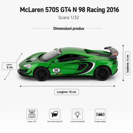 Macheta McLaren 570S GT4 N 98 Racing 2016, verde, cu lumini, sunet si pullback, scara 1:32 [2]