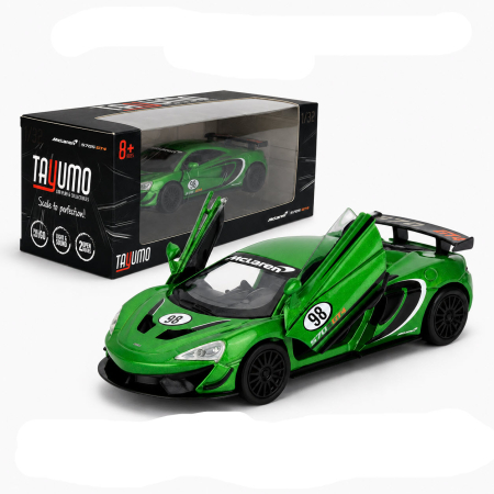 Machete Auto Scara 1:32 – 1:36 – Miniaturi Detaliate pentru Colectie - Macheta McLaren 570S GT4 N 98 Racing 2016, verde, cu lumini, sunet si pullback, scara 1:32