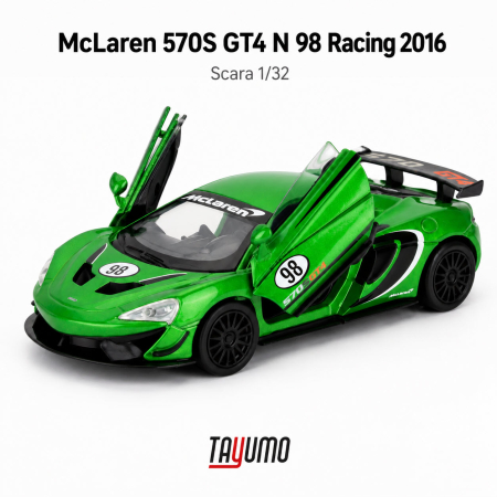 Machete Auto Scara 1:32 – 1:36 – Miniaturi Detaliate pentru Colectie - Macheta McLaren 570S GT4 N 98 Racing 2016, verde, cu lumini, sunet si pullback, scara 1:32