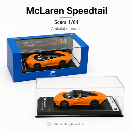 MACHETE AUTO SCARA 1:64 - Macheta McLaren Speedtail portocaliu, scara 1:64, Kinsmart, Hypercar League Collection