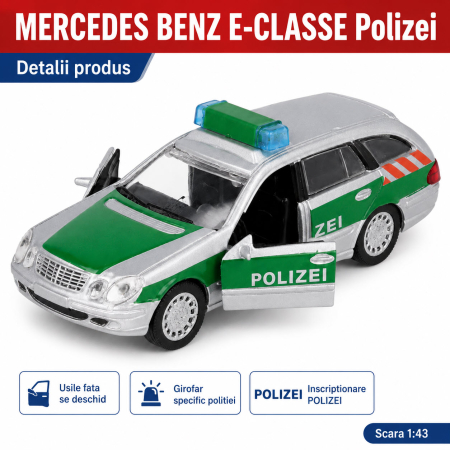 Macheta Mercedes-Benz E-Classe Polizei 1:43 Atlas, gri cu verde, cu usi fata care se deschid [2]